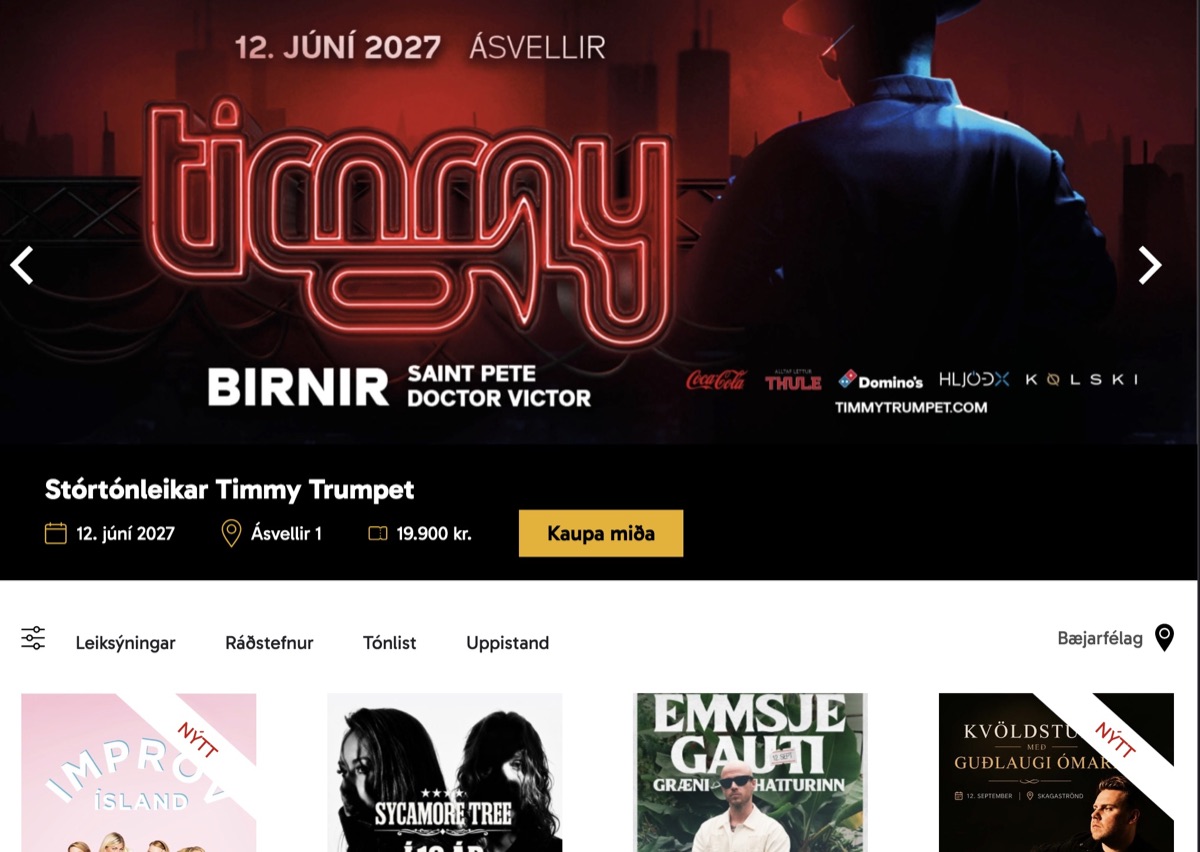 Midix ticket marketplace showing a featured concert, ticket details and four upcoming events